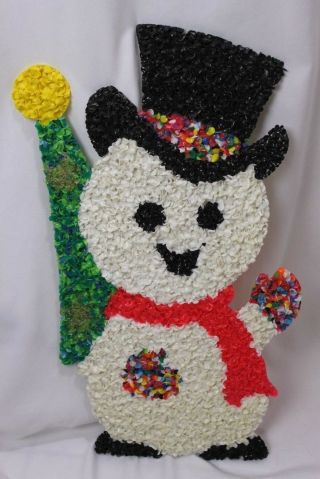 Vintage Melted Plastic Popcorn Snowman Christmas Holiday Decoration 18”x10”