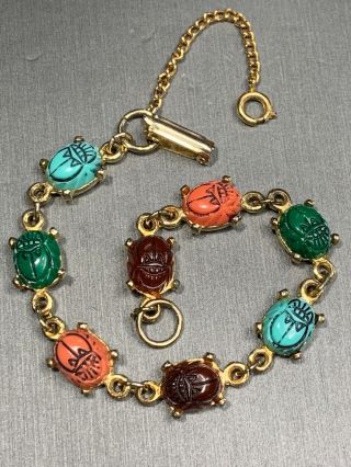 Vintage Multi Color Lucite Scarab Beetle Egyptian Revival Gold Tone Bracelet 7 “