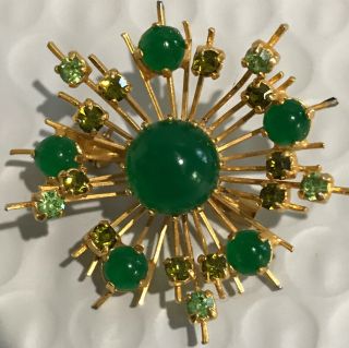 Vintage Gold Tone Sunburst - Style Brooch With Jade Stones