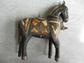 Vintage Hand Carved Wooden And Brass War Horse Figurine W/ Shell & Copper Inlay