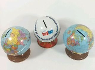 2 Vintage World Globe Tin Banks & Baseball Coin Bank Ohio Art Company