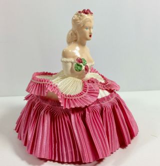 Vintage Crinoline Half Doll Pin Cushion,  Dresser Figurine Ceramic & Fabric Xlt