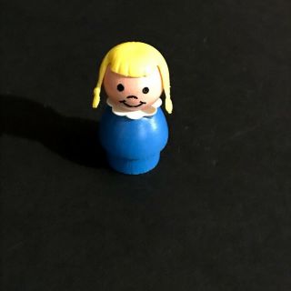 Vintage Fisher Price Little People Wood Blue Girl Yellow Blonde Hair Pigtails