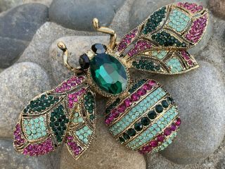 Vintage 4 " Large Bee Insect Bug Green Pink Crystal Rhinestone Pin Brooch Pendant