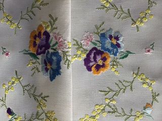 Gorgeous Vintage Linen Hand Embroidered Tray Cloth Pansies/mimosa