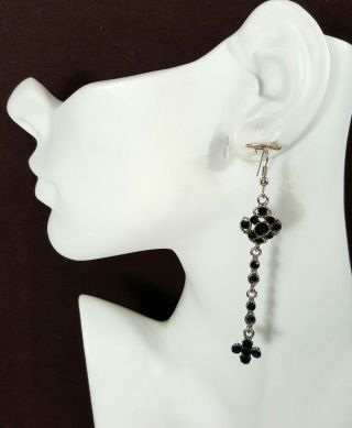 Vtg Jewelry Earrings Silver Tone Black Glass Rhinestone Flower/cross Dangle 1431