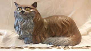 Vintage Large Ceramic Brown And Gray Persian Cat Green Eyes 16” Laying Down