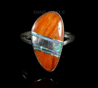 Unique Old Pawn Navajo Inlay Spiny Oyster & Opal Vintage Sterling Ring Sz 7