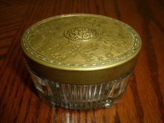 Vintage Art Deco Glass Footed Ribbed Powder Dresser Trinket Jar Gold Metal Lid