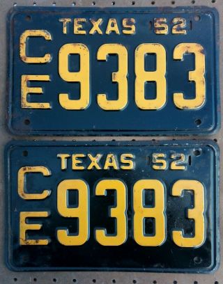 Vintage 1952 Texas License Plate Pair