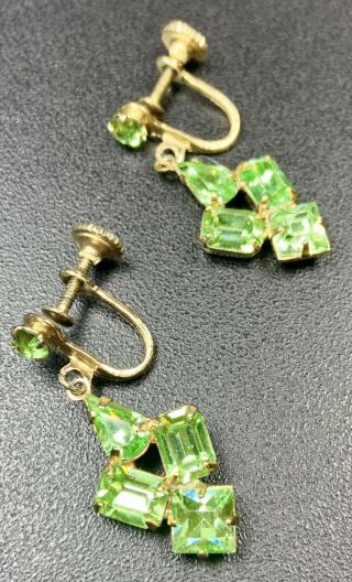 Vintage Screw Back Earrings Gold Tone Green Faceted Rhinestones High End