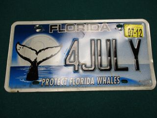 A,  2012 Protect Florida Whales Vanity License Plate 4 July 4th Independence Day