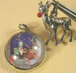 Vintage Sterling Silver Enamel Rudolph Red Nose Reindeer & Sp Picture Charm