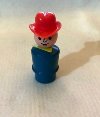 Vintage Fisher Price Little People Wood Plastic Blue Man Farmer Cowboy Red Hat