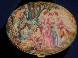 Micro Petit Point Hand Stitched Figural Powder Oval Compact Vintage