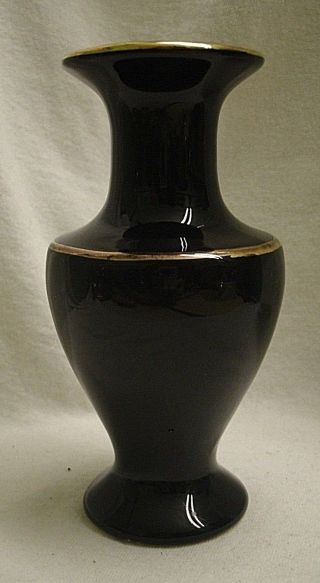 Vintage Gold Craft Black Glazed Pottery Vase 22k Gold Trim 1940s Usa Flowers