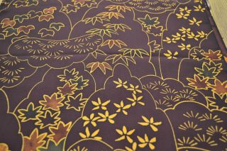 Japanese Vintage Silk Burgundy Bamboo And Maple Leaves 538r