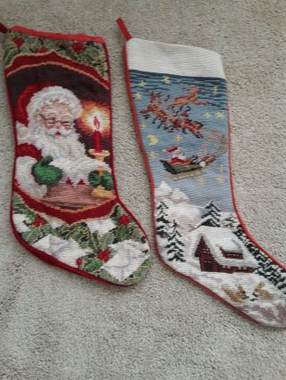2 Vintage Needlepoint Christmas Stockings Santa Claus Sleigh Reindeer Candle