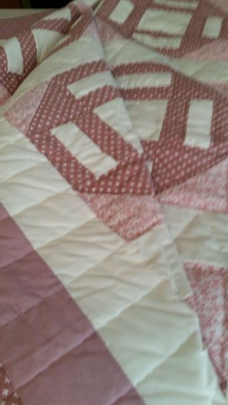 Vintage 70s Hand Stitched Calico Pink & White Octagon Patchwork Quilt Full/queen