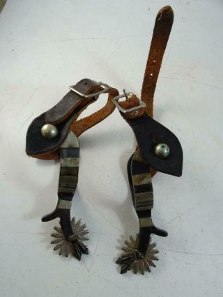 Vintage Western Cowboy Spurs Hand Made Iron Silver W/ Bells Leather 1900s Old