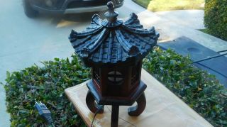 Vintage Pagoda Lamp Night Light Mid Century Asian Black Ceramic 10in Mica Shades