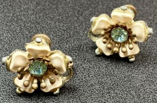 Vintage Screw Back Earrings Gold Tone Layered Flowers Blue Crystal Rhinestones