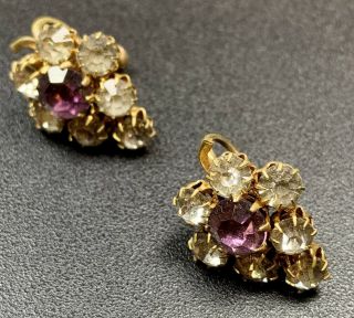 Vintage Screw Back Earrings Gold Tone Purple & Crystal Faceted Rhinestones