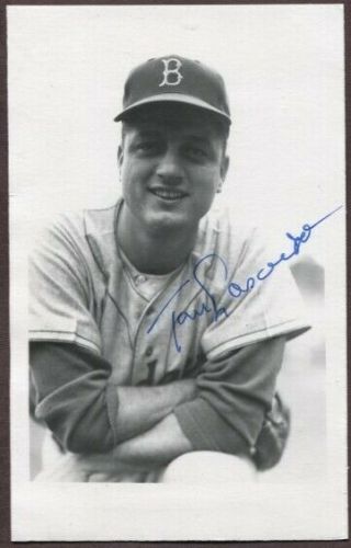 Tom Lasorda Autographed Vintage Brooklyn Dodgers Brace Postcard Size Photo