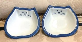 Cat Dishes Set Of Two Vintage Hand Painted Porcelain Blue White Cute 80s
