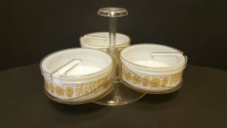 Vintage Gemco Butterfly Gold Condiment Server Lazy Susan W/ 3 Bowls & Lids