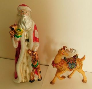 Vintage Mercury Glass Style Blown 13 " Santa Figurine W/ Reindeer Accessory