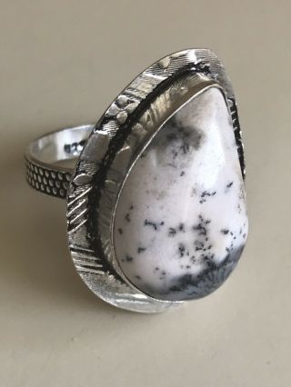 Dendrite Opal Agate Vintage Style,  Gemstone Signed 925 Sterling Silver Ring 8.  5