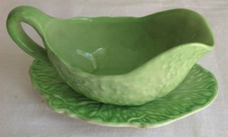 Vintage Carlton Ware Green Leaf Gravy Sauce Boat Jug With Spill Plate