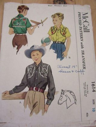 Mccalls 1951 Vintage Sewing Pattern Sz 10 Kids Western Cowboy Shirt,  Transfers