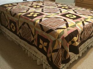 Vintage Handmade Patchwork Quilt Faux Suede Fabric Accents Full Or Queen 80x96