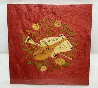 Vintage Notturno Intarsio Wood Marquetry Inlaid Plaque Floral Musical Italy Lute