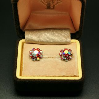 Vintage Jewellery Pretty Silver Tone Pink Aurora Borealis Flower Earrings