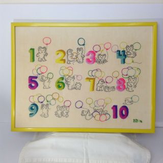 Vintage Completed Finished Crewel Embroidery Kids Room Bears Numbers Framed16x21