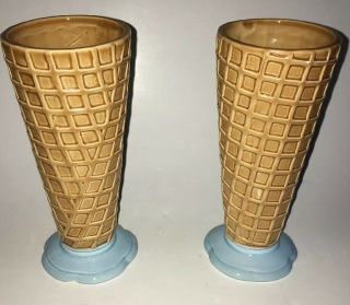 Vintage 2 Ice Cream Ceramic Cups Waffle Shaped Cone Two Tone Brown And Lt.  Blue