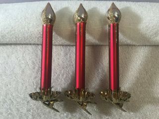 Vintage Christmas Ornaments Set Of 3 Glass Clip On Candles Red W/gold Flames