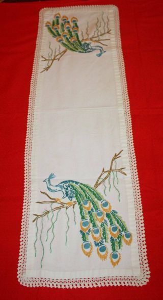 Vintage Crewel Embroidered Table Runner 12.  5 " X 40 " Peacocks