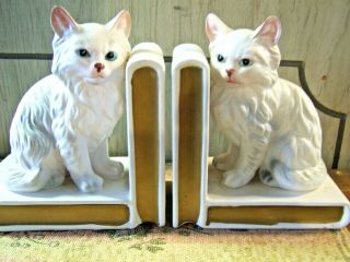 Lefton Japan Vintage Pair Porcelain White Persian Cat Kittens Book Ends