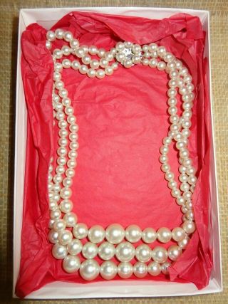 Old Vintage Japan Multi - Strand Faux Pearl Necklace 3 Strands Ascending Beads