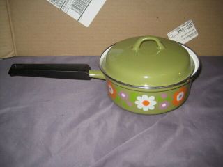 Vintage Moneta Flower Enamel Cookware Green Floral Pan Pot W/ Lid One