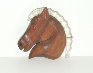 Vintage Carved Wood Horse Pin Brooch Pendant Clear Lucite Mane Red Cabochon Eye