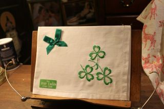 Vintage Irish Linen Tray Cloth With Tag Embroidered Shamrocks Green Ribbon 13x18