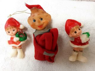 2 Vintage Pixie Elf Christmas Plastic Figurines Hong Kong & 1 Felt Knelling Elf