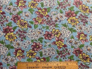 Vintage Cotton Fabric 30s40s Pretty Pink Yellow & Blue Daisies Floral 35w 1yd
