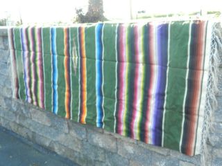 Vtg Finely Woven Wool Mexican Serape Blanket Large 77 ",  Fringe Colorful Stripe