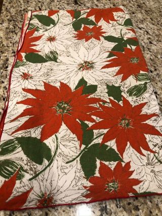 Vintage Fabric Tablecloth Red White Christmas Poinsettia 54” X 84” Holiday Euc